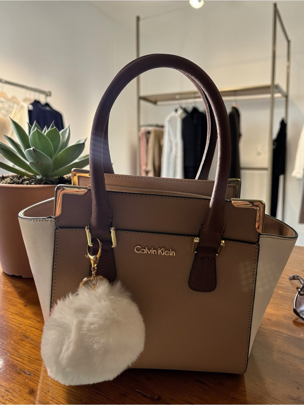 Calvin Klein Taupe Colorblock Satchel Tote Crossbody Bag with Pom Charm